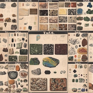May include: A vintage scientific illustration featuring various rock and mineral samples. The image displays a collection of specimens in different shapes, sizes, and colors, including gray, brown, and green. The text "Taf.6" is visible.