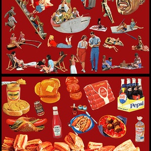 May include: A collage of images depicting a variety of products and scenes, including a swimming pool, a boat, a picnic, and a variety of food items. The collage is set against a red background. The food items include sandwiches, hot dogs, french fries, ketchup, and a variety of breakfast cereals. The text "VARIETY" is visible in the bottom right corner of the image.