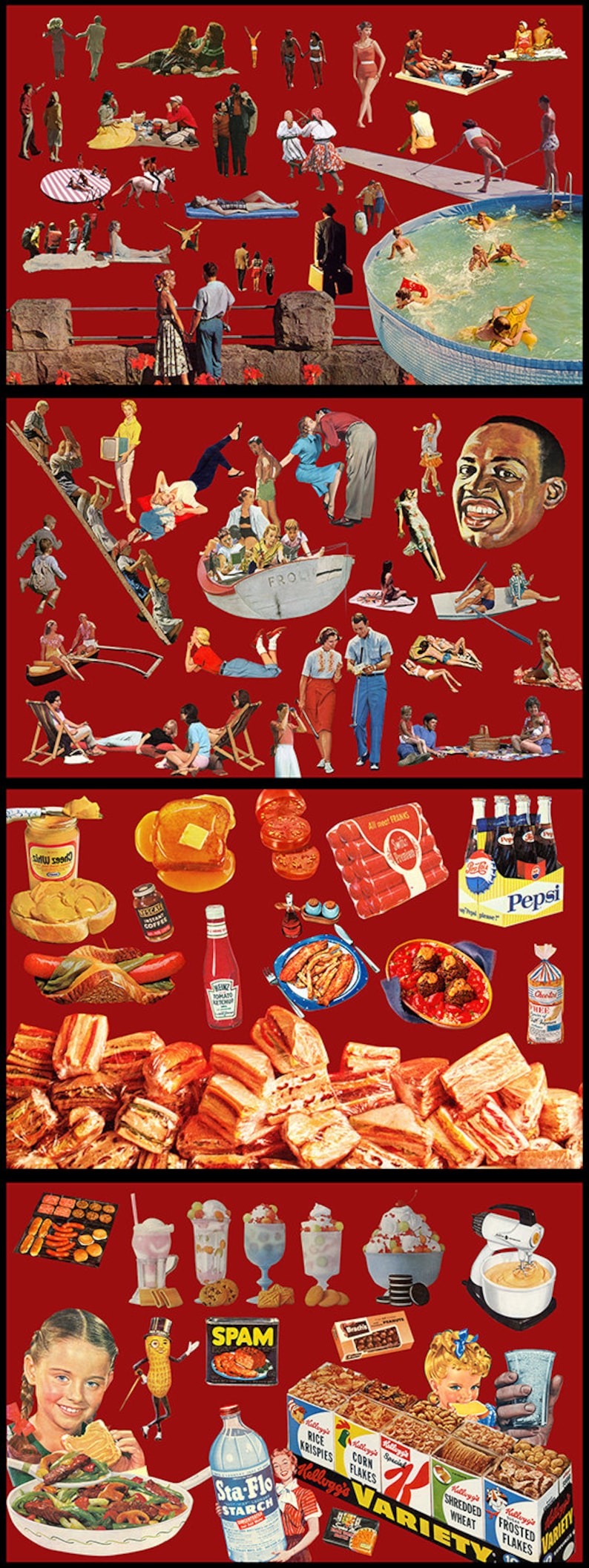 May include: A collage of images depicting a variety of products and scenes, including a swimming pool, a boat, a picnic, and a variety of food items. The collage is set against a red background. The food items include sandwiches, hot dogs, french fries, ketchup, and a variety of breakfast cereals. The text "VARIETY" is visible in the bottom right corner of the image.