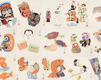 May include: A collection of colorful Japanese folk art illustrations. The image features various traditional masks, Daruma dolls, animal figures, and decorative fans. The artwork showcases a variety of colors and intricate details, reflecting cultural heritage.