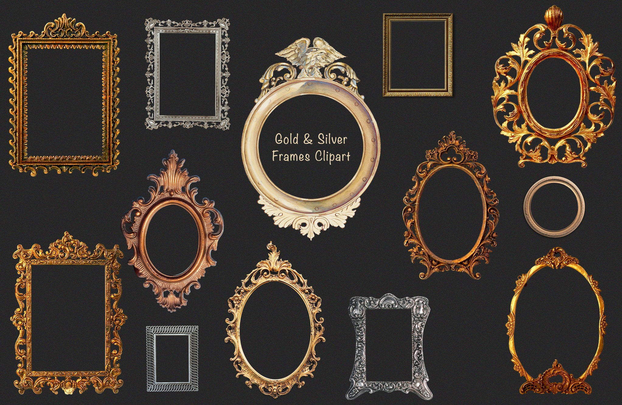 Gold & Silver Luxury Vintage Frames Clipart PNG Cutouts Illustration