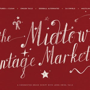 May include: A digital graphic on a deep red background featuring the white text 'the Midtown Vintage Market' in a connected brush script font. The design includes white hand-drawn illustrations of stars, snowflakes, a mug, candy canes, and a lantern.