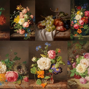 May include: A collection of nine oil paintings featuring still life arrangements of flowers, fruits, and birds. The paintings are framed and displayed in a grid format.