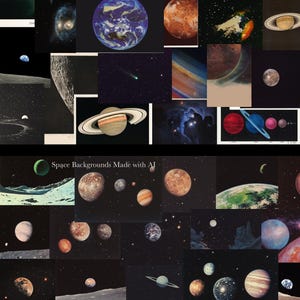 May include: A collage of vintage and AI-generated space backgrounds featuring planets, stars, and galaxies. The top row is labeled "Vintage/Original Space Backgrounds" and the bottom row is labeled "Space Backgrounds Made with AI".