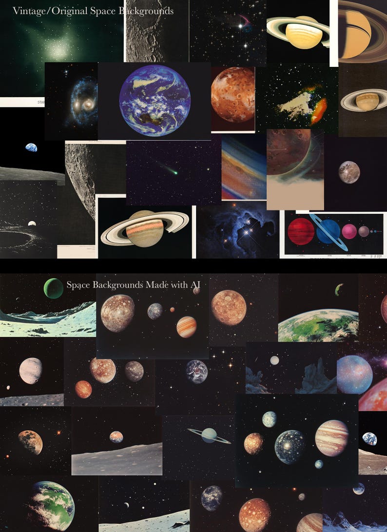 May include: A collage of vintage and AI-generated space backgrounds featuring planets, stars, and galaxies. The top row is labeled "Vintage/Original Space Backgrounds" and the bottom row is labeled "Space Backgrounds Made with AI".