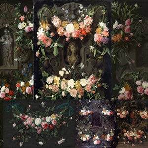 May include: A collage of nine paintings featuring floral arrangements with various flowers, including roses, tulips, and lilies. The paintings are set against a dark background and feature ornate frames.