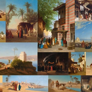 Pode incluir: Uma colagem de 12 pinturas que retratam cenas do Oriente Médio. As pinturas apresentam pessoas, camelos, palmeiras, edifícios e paisagens. As pinturas são de vários estilos e cores.