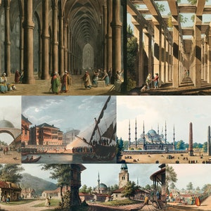 May include: A collection of six watercolor paintings depicting various scenes from Istanbul, Turkey. The paintings feature architectural details, cityscapes, and people in traditional clothing.