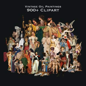 May include: A collage of vintage oil paintings featuring people, animals, and objects. The paintings are arranged in a circular pattern and include a variety of colors and styles. The text "Vintage Oil Paintings 900+ Clipart" is at the top of the image.