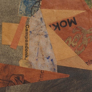 K&ouml;nnte beinhalten: Eine Collage aus Papierschnipseln mit verschiedenen Texturen und Farben. Der Text "Campendonk" ist auf einem der Schnipsel sichtbar. Das Wort "MOK" ist auf einem anderen Schnipsel sichtbar. Die Schnipsel sind in einem geometrischen Muster angeordnet.
