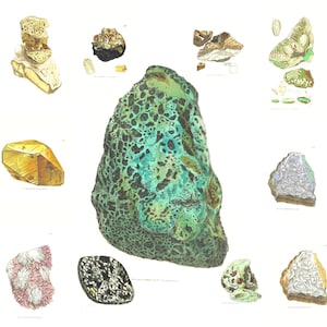 May include: A collection of 14 different types of rocks and minerals, including a large green and black rock, a yellow crystal, and a white and grey rock.