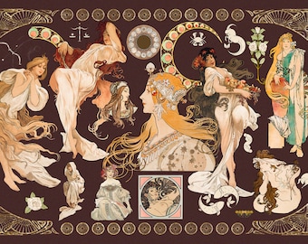 100+ Alphonse Maria Mucha HQ Cliparts Original Prints Collage Art Stickers Cute Frames Zodiac Vintage Art Nouveau Art Deco Digital Download