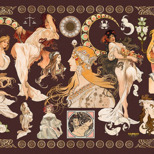 100+ Alphonse Maria Mucha HQ Cliparts Original Prints Collage Art Stickers Cute Frames Zodiac Vintage Art Nouveau Art Deco Digital Download