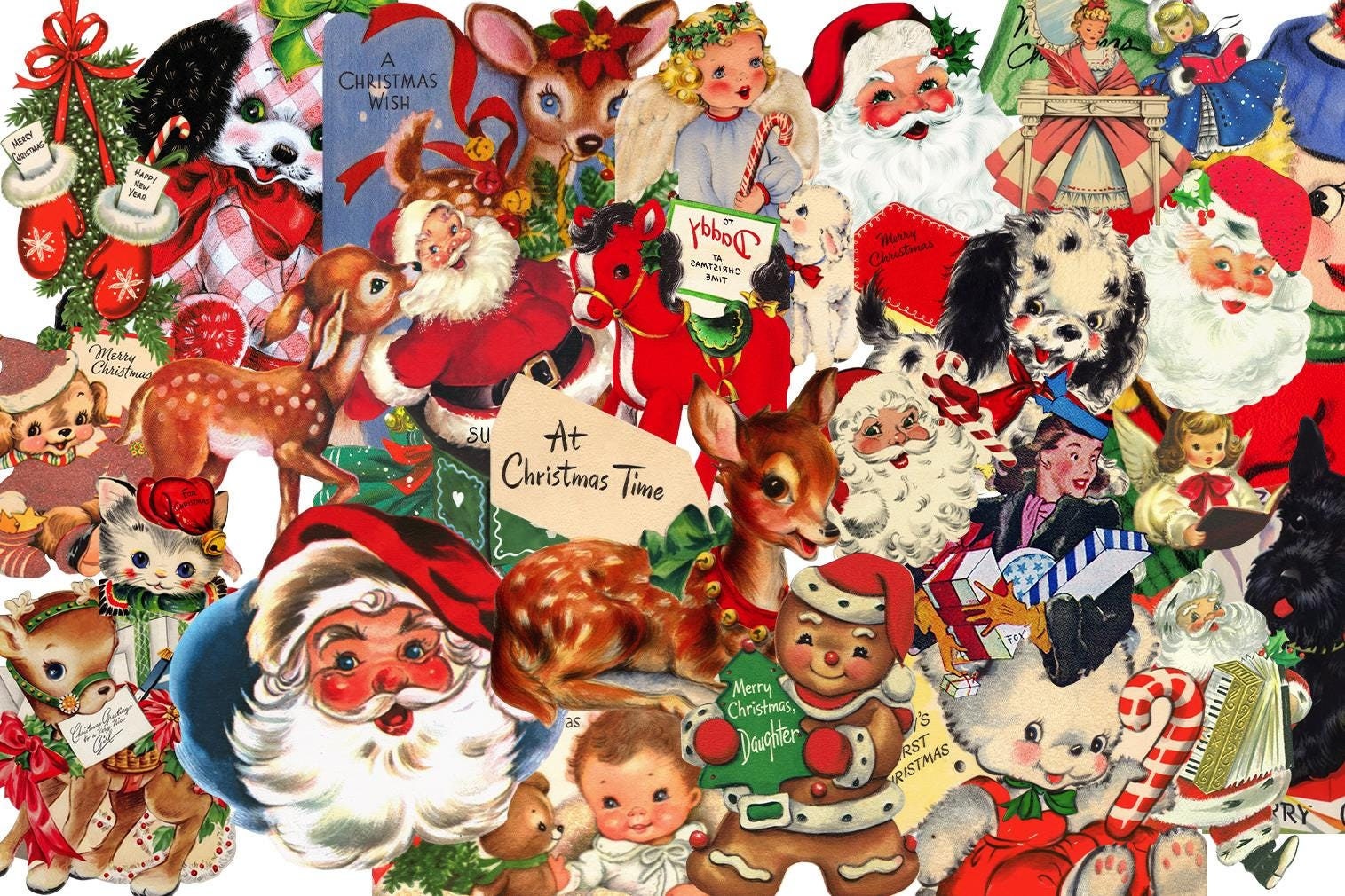 120+ Vintage Christmas Clipart, Retro, Cute, Santa Claus, Reindeer, Printables, Stickers, Merry Christmas Png, Canva, Junk Journal Cliparts