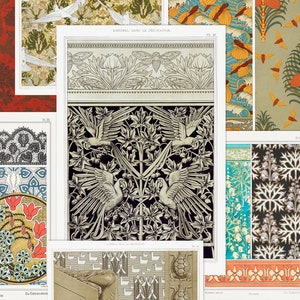 Puede incluir: Un collage de grabados de arte botánico y decorativo vintage. Los grabados presentan varios patrones, incluyendo diseños florales, pájaros y formas geométricas. Los colores incluyen rojo, verde, azul y crema. Los grabados son de un libro o colección de arte.