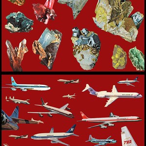 May include: A collage of vintage images featuring a variety of subjects, including cars, airplanes, rocks, and mountains. The images are arranged in a grid pattern on a red background.