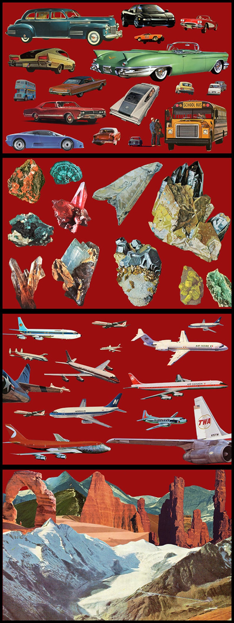May include: A collage of vintage images featuring a variety of subjects, including cars, airplanes, rocks, and mountains. The images are arranged in a grid pattern on a red background.