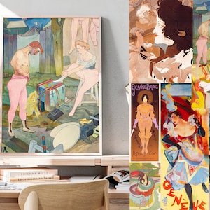 May include: A collage of vintage posters featuring colorful illustrations of people in various poses. The posters have a whimsical and artistic style, with bold colors and intricate details. Some of the posters feature text, including the words "Jeanne Darc" and "Geneve".