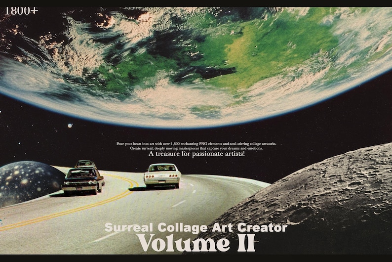 May include: A collage art creator software package with a retro-futuristic design. The cover features a planet Earth, a moon, and cars driving on a road in space. The text reads "Surreal Collage Art Creator Volume II".