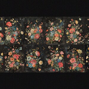 K&ouml;nnte beinhalten: Eine Collage aus zw&ouml;lf Blumenstr&auml;u&szlig;en, jeder mit einer zunehmenden Mondsichel und Sternen im Hintergrund. Die Str&auml;u&szlig;e bestehen aus verschiedenen Blumen in den Farben Rosa, Rot, Blau, Gelb und Wei&szlig;.