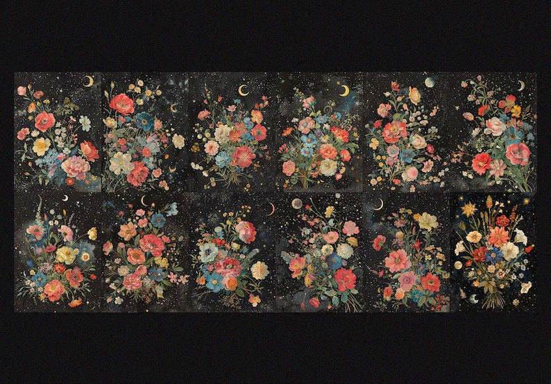 K&ouml;nnte beinhalten: Eine Collage aus zw&ouml;lf Blumenstr&auml;u&szlig;en, jeder mit einer zunehmenden Mondsichel und Sternen im Hintergrund. Die Str&auml;u&szlig;e bestehen aus verschiedenen Blumen in den Farben Rosa, Rot, Blau, Gelb und Wei&szlig;.