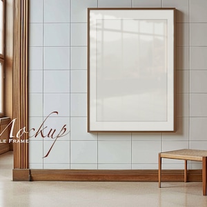 Single Frame Mockup, Minimal. PSD, Interior mockup scene, Wooden frame mockup, Mockup with glass reflection, Poster Print