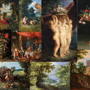 May include: A collage of ten paintings depicting various scenes, including a group of women holding a basket of flowers, a still life with a vase of flowers, and a landscape with a ruined building.