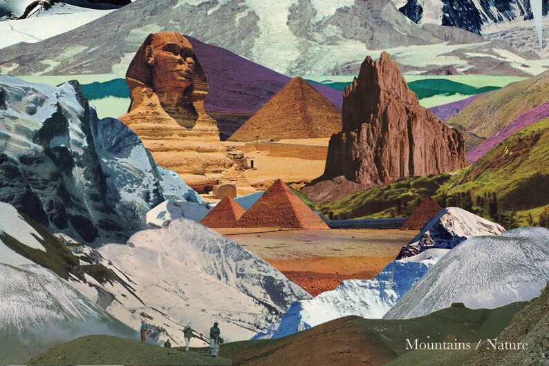 May include: A collage of mountains and nature scenes, including a large stone sculpture of a sphinx, a pyramid, and a tall, rocky cliff. The image is a mix of colors, including brown, green, blue, and white.