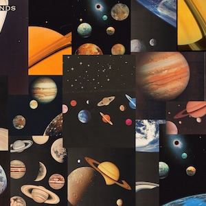 May include: A collage of images featuring planets and stars in a dark space background. The planets are in various colors, including blue, green, orange, and brown. Some of the planets have rings around them. The stars are white and scattered throughout the image.
