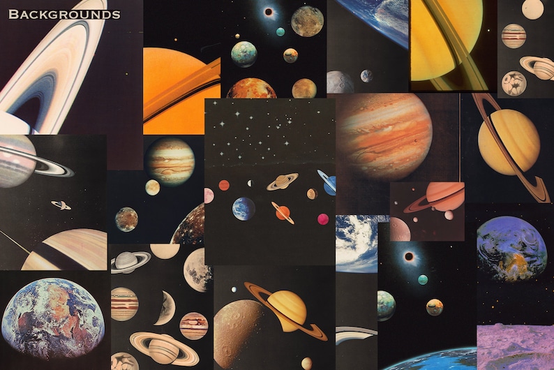 May include: A collage of images featuring planets and stars in a dark space background. The planets are in various colors, including blue, green, orange, and brown. Some of the planets have rings around them. The stars are white and scattered throughout the image.