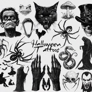 100+ Halloween Gothic Tattoos, Black Ink Art, Bat, Spider, Witch, vampire, Skull, Frankenstein,  Grim Reaper, Bow, Snake, Cat, Skeleton