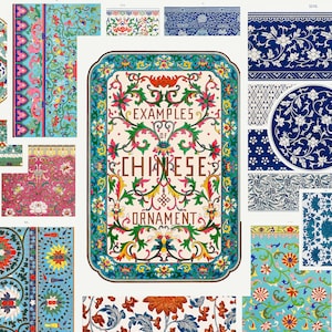 May include: A collection of Chinese ornament designs featuring intricate floral patterns in vibrant colors like red, blue, green, and yellow. The designs are arranged in a grid pattern and include borders, medallions, and repeating patterns.