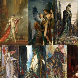 May include: A collage of ten paintings depicting various scenes with figures in elaborate clothing and settings. The paintings are in a variety of styles, including realism, symbolism, and romanticism. The colours are rich and vibrant, and the details are intricate.