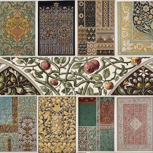 May include: A collection of vintage botanical and architectural illustrations. The images feature detailed patterns of flowers, fruits, and decorative elements in a variety of colors, including red, green, gold, and blue. The style is reminiscent of antique art.