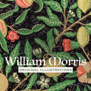 Op de afbeelding: Gedetailleerde illustratie met een herhalend patroon van fruit, bladeren en bloemen in groen, rood en geel tegen een zwarte achtergrond. De tekst "William Morris Original Illustrations" wordt in het wit weergegeven.