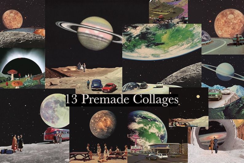 May include: A collage of 13 images featuring planets, cars, and landscapes. The collage is titled "13 Premade Collages".