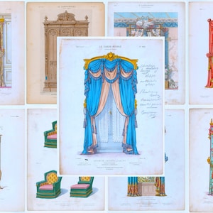 May include: A collection of eight vintage illustrations of curtains and furniture. The illustrations are in a variety of colors, including blue, pink, red, and gold. The illustrations are from a book called "Le Garde Meuble".