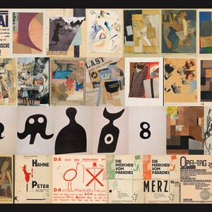 K&ouml;nnte beinhalten: Eine Collage aus abstrakter Kunst mit geometrischen Formen, Figuren und Text. Der Text beinhaltet "KIF MICHAI BLOCK", "LAST", "HAHNE", "PETER", "DA kam das H&uuml;hnchen an", "OX", "DIE MARCHEN VOM PARADIES", "MERZ" und "OPEL-TAG".