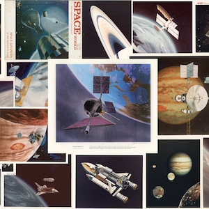 May include: A collage of vintage illustrations depicting space exploration, featuring spacecraft, planets, and stars. The images are in a variety of styles, some realistic and some more stylized. The collage is a great example of mid-century space art.