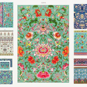 May include: A collection of intricate floral patterns in various colours, including red, pink, green, blue, and yellow. The patterns are arranged in a grid format, with each square containing a different design. The patterns are inspired by traditional Chinese art and would be perfect for use in textiles, wallpaper, or other decorative applications.