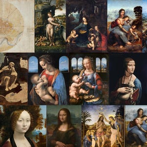 Könnte beinhalten: Eine Collage von Renaissance-Gemälden mit Porträts, religiösen Szenen und einer Karte. Die Kunstwerke zeigen verschiedene Figuren, darunter die Madonna mit Kind und andere klassische Motive. Die Farbpalette umfasst Erdtöne und satte Blautöne.