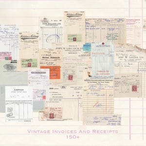 Könnte beinhalten: Eine Collage aus alten Rechnungen und Quittungen mit handschriftlichen Notizen, Stempeln und gealtertem Papier. Der Text "VINTAGE INVOICES AND RECEIPTS 150+" ist unten zu sehen. Verschiedene Größen und Formen sind sichtbar.