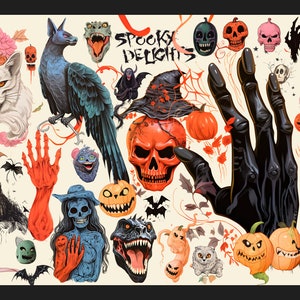 Halloween: Spooky Delights, Cliparts, Seamless patterns, Illustrations, Skulls, Cats, Pumpkins,Horror, scarry, Colorful, Witchy, Gothic Art