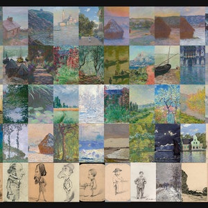 May include: A collage of 48 paintings by Claude Monet, featuring various landscapes, seascapes, and cityscapes. The paintings are in a variety of styles, from Impressionistic to Realistic. The collage is a celebration of Monet's work and his mastery of light and color.