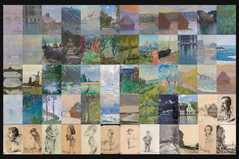 May include: A collage of 48 paintings by Claude Monet, featuring various landscapes, seascapes, and cityscapes. The paintings are in a variety of styles, from Impressionistic to Realistic. The collage is a celebration of Monet's work and his mastery of light and color.