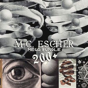 May include: Black and white artwork featuring M.C. Escher's art style. The image includes a graphic of a face with layered ribbons and spheres, along with the text "M.C. ESCHER MEGA BUNDLE 200+". Additional Escher-style images are displayed below.
