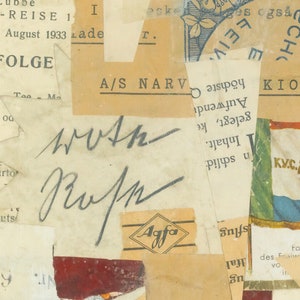 K&ouml;nnte beinhalten: Eine Collage aus Papierschnipseln mit Text und Bildern. Der Text enth&auml;lt "Speisenfolge", "A/S Narv", "Kioskkomp" und "K.Y.C. 1898". Die Bilder zeigen eine Flagge mit einem Wappen und ein sternf&ouml;rmiges St&uuml;ck Papier.