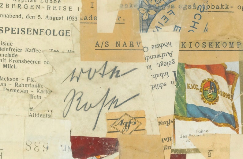 K&ouml;nnte beinhalten: Eine Collage aus Papierschnipseln mit Text und Bildern. Der Text enth&auml;lt "Speisenfolge", "A/S Narv", "Kioskkomp" und "K.Y.C. 1898". Die Bilder zeigen eine Flagge mit einem Wappen und ein sternf&ouml;rmiges St&uuml;ck Papier.
