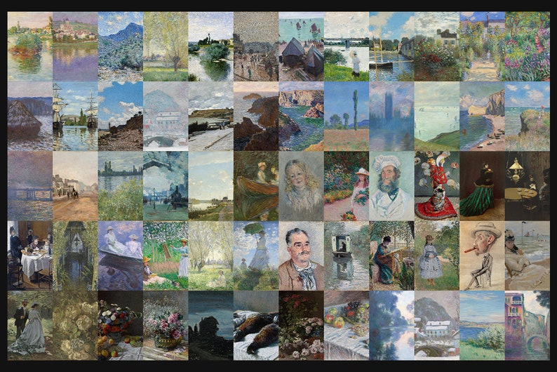 May include: A collage of 48 paintings by Claude Monet, featuring various landscapes, seascapes, and portraits. The paintings are arranged in a grid pattern and are all in a similar style, with a focus on light and color.