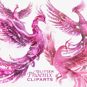 Paillettes Phoenix rose Clipart, imprimable or féminin brillant ordures ménagères mythologique collage Coquette Fantasy Phoenix Art usage Commercial